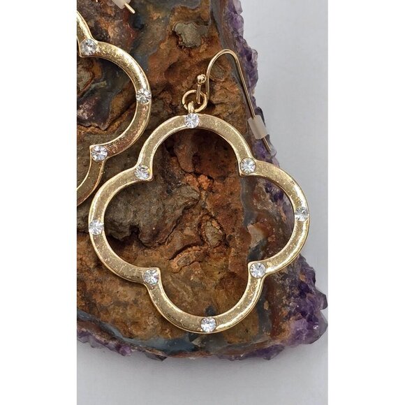 Goldtone Dangle Four Leaf Clover Earrings Rhinestone Crystal Accents 1.5" - Picture 2 of 6